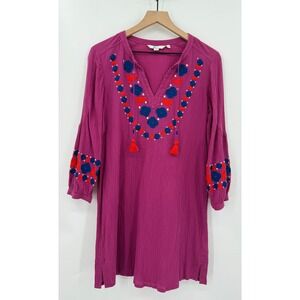 Boden Dress Womens 4 L Purple Pink Kaftan Embroidered Floral Vacation Preppy